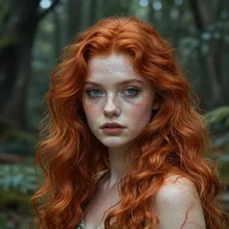 “portrait of sensual fairy, redhair, long hair, magical forest, detailed face, artwork”