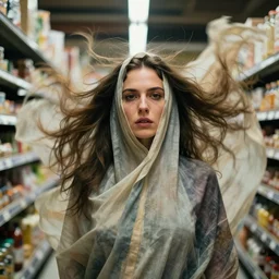 a close - up portrait of a woman with long hair wearing a fabric cloth drapery shopping in the grocery store aisle by peter mohrbacher and jeremy geddes, billowing, dramatic, dynamic lighting, intricate, detailed, sharp focus, motion, symmetrical features