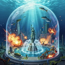 A bustling beautiful city on the sea floor inside a glass dome being invaded by aliens, war, explosions, violence, terror, anime, fountain, statue, underwater, rapture, fish flying over head, godrays, a fantasy digital painting by Greg Rutkowski and James Gurney, trending on Artstation, highly detailed