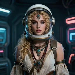 vertical portrait of ancient jew female with space headset, blonde, curly hair, cyberpunk, native costume, jewelry, standing in the dark room, under neon, extremely fine detail background, highly detailed, detailed eyes, high quality, fashion editorial photography, hyperrealistic, from vogue magazine