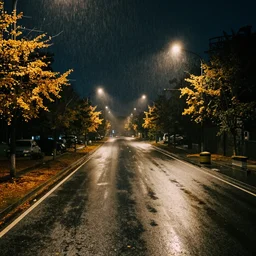 at night, it is raining in the sky, a large road extends into the distance, the leaves on both sides of the road are yellowed by the street lights, tranquility, film texture, super fine, 8 k