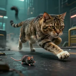 🐱 big cat chases down × live mouse 🐭! by mark ryden in cyberpunk environment, 4 k ultra high resolution, horror, long camera shot, foreground focus