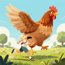 a man running from a huge chicken flapping its wings, illustration, digital art, matte painting, trending on artstation