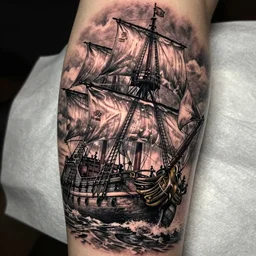 A realistic painting of a pirate ship, realism tattoo design, highly detailed tattoo, shaded tattoo, hyper realistic tattoo