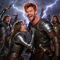 stunning portrait of ( ( ( laughing ) ) ) ( ( ( ( copper haired chris hemsworth ) ) ) ) as destruction from sandman looking like kristofer hivju!! fighting a battle, medival armour!!, jeremy mann, frank moth, jeff easley, alphonse mucha, dave mckean, thunder & lightning, soft lightning, high detailed, 8 k