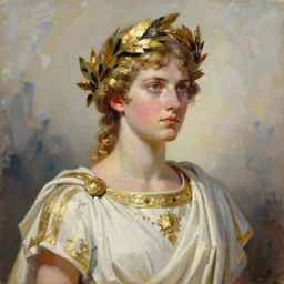 the young sovereign of mars in the prime of her reign and the height of her power, looking to the side with fierce but kind eyes, dressed in white and gold robes and a golden laurel crown, inspired by roman emperors, abstract oil painting
