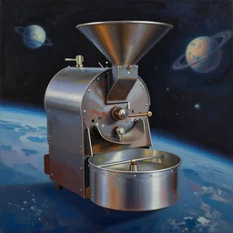 a small batch open drum coffee roaster flying through outer space colorful oil painting by van Gogh, as an internet meme