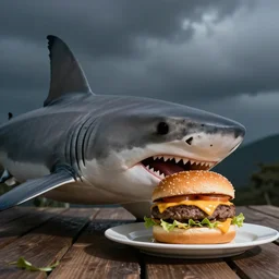 a shark eating a cheeseburger