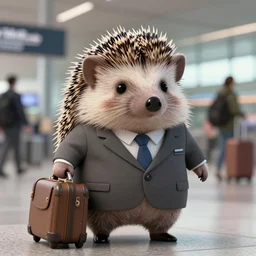 a cute hedgehog, wearing a business suit, holding a suitcase, busy airport, by jan van eyck