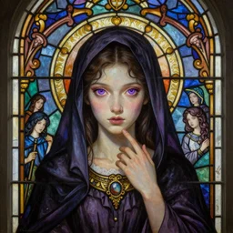 breathtaking detailed painting of a young witch, christian saint, with piercing purple eyes, ornate background, framed in an art nouveau stained glass window, by Hsiao-Ron Cheng, James jean, Miho Hirano, Rebecca guay, night lighting, 8K