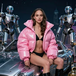 beautiful fantasy character portrait, natalie portman, wearing oversized plastic puffy pink bomber jacket and black bikini, seductive seated pose, futuristic chrome vehicle, night, ultra realistic, wide angle, dramatic lighting, robots, retro technology artifacts, highly detailed by dariusz zawadzki, paolo eleuteri serpieri, boris vallejo, peter mohrbacher,