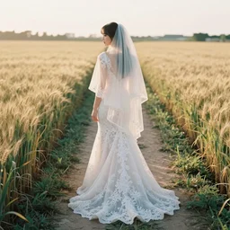 analog photograph of beautiful woman from the back, wearing a long flowing trumpet style lace wedding dress and veil in a wheat field on a small dirt pathway, golden hour, by mark owen. pastel colours. light rays. bokeh. cinematic. hq. detailed. contrast. cinestill 8 0 0 t
