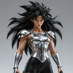 warrior girl, muscular girl, wild spiky black saiyan hair, long spiky hair, electrified hair, wearing chrome silver armor and black spandex pants, ultra realistic, intricate details, highly detailed, subsurface scattering, photorealistic, octane render, 8 k, art by artgerm, greg rutkowski, magali villeneuve, alphonse mucha