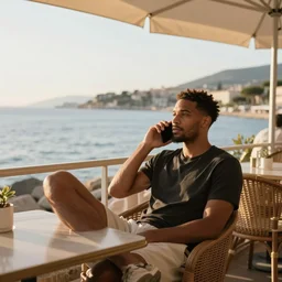 ben simmons luxuriating in a cafe on the french riviera while calling off sick from basketball practice, golden hour,