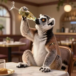 ring - tailed lemur drinking champagne in a restaurant by greg rutkowski and thomas kinkade, trending on artstation, 3 d render octane