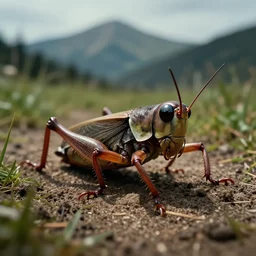 closeup of a cricket ( gryllus ), insect. dirt and grass mountain path in avila mountains, 4 k, concept art, by wlop, ilya kuvshinov, artgerm, krenz cushart, greg rutkowski, pixiv. cinematic dramatic atmosphere, sharp focus, volumetric lighting, cinematic lighting, studio quality, cricket eyes reflections. beautiful composition