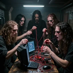 a photograph of insane cultists in a basement feeding a computer shrine to the machine wire god with their blood and tears