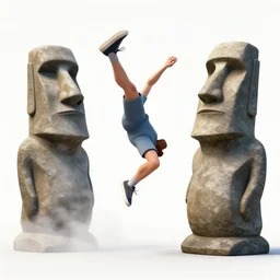 man with a moai statue for a head doing a kickflip