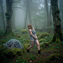 a woman wrapped in chains, dragging a pile of chains, in a foggy mossy forest, by Erik Almas, CANON Eos C300, ƒ1.8, 35mm, 8K, medium-format print