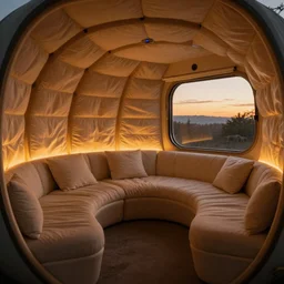 inside cozy luxurious curved sleep-pod with wall to wall padding and sound system, amber ambient lighting, atmospheric, polyamorous, XF IQ4, 150MP, 50mm, F1.4, ISO 200, 1/160s, dawn