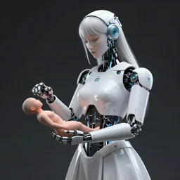 a robot goddess with white dress trying to create human being in her hands, digital art, concept art, trending on artstation, 8 k detailed