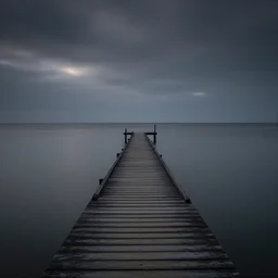 minimalist seascape photo of the sea and pier extending out, center of frame, long exposure, calm, flat smooth water