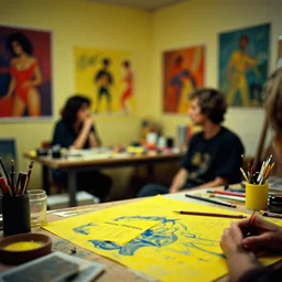 dramatic scene shallow depth of field medium shot uncanny surreal photograph of a colorful intimate art studio in 1 9 9 5 titled'romantic theme totally yellow ', photographed by william eggleston and ken price and man ray, grainy shocking detail trending on artstation 8 k