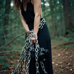 a closeup of a woman wrapped in chains, dragging a pile of chains, in a forest, by Erik Almas, CANON Eos C300, ƒ1.8, 35mm, 8K, medium-format print