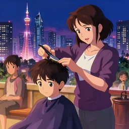 A proud mother cutting her son's hair , Karachi skyline background, rich vivid colors, ambient lighting, dynamic lighting, 4k, HQ, official media, anime key visual, makoto shinkai, ilya kuvshinov, lois van baarle, rossdraws, detailed, trending on artstation