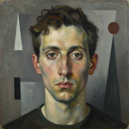 a closeup portrait of a person looking forward by umberto boccioni wojciech siudmak giacomo balla william blake, symmetrical, oil on canvas