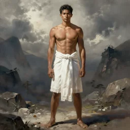 jason momoa with white loincloth, front view, full body shot, digital painting, artstation, concept art, sharp focus, illustration, orientalism, art by aleksi briclot and greg rutkowski and raphael lacoste