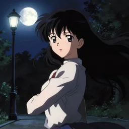 anime visual, dark portrait of an elegant girl sightseeing at night in a park, moon, streetlamp, cute face by yoh yoshinari, katsura masakazu, dynamic pose, dynamic perspective, strong silhouette, anime cels, 1 8 mm, rounded eyes, dramatic, detailed facial features, ilya kuvshinov, crisp