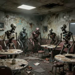 concept art by greg rutkowski of broken robot animals inside the interior of an old dilapidated ice cream parlor, broken tables, stained walls, ominous, awe inspiring, horror