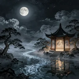 chinese painting rendering of a surreal ancient chinese landscape, with a stream, little moon | moonlet, an ancient chinese pavilion and pine trees on the water surface, a dark starry sky, clouds, lighting in the pavilion, magical light fog, night, dim light, aestheticism, fantasy, 8 k, cinematic, zbrush, marmoset toolkit