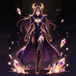 a beautiful female god character from hades game, full pose, character is standing, centered, rim lights, highly detailed vector art, dynamic lights, particles and crystals are flying, trending on artstation, illustration, 4k