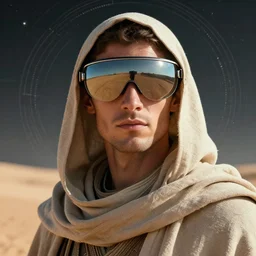 retrofuturistic portrait of a desert wanderer, reflective visor, hood and cloak, space graphics in background, close up, quint buchholz, wlop, dan mumford, artgerm, liam brazier, peter mohrbacher, raw, featured on artstation, octane render, cinematic, elegant, intricate, 8 k