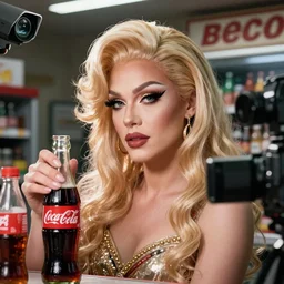 blonde rupaul getting coca - cola at a bodega, cctv, cam, face, hyperrealistic