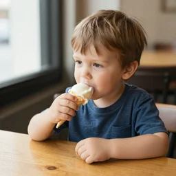 little amber boy eating ice cream by a wooden table