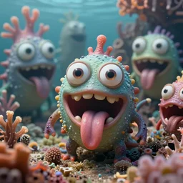 of an intricate sea reef with strange cute friendly happy creatures with huge eyes, mouth, long tongue, round teeth and goofy face, appearing from the background, in the style of gehry and gaudi, macro lens, shallow depth of field, ultra detailed, digital painting, trending artstation, concept art, illustration, cinematic lighting, photorealism, epic, octane render