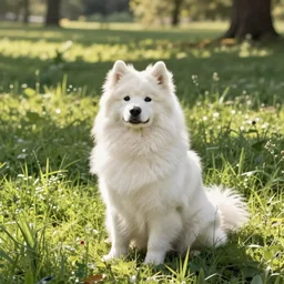 a samoyed dog sitting in the middle of sunny meadow, by Neal Adams