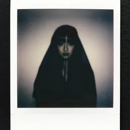 photorealism, polaroid, black and white, female silhouette, black veil, noise, out of focus, long exposure