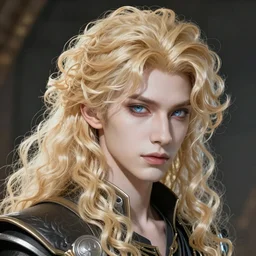 An epic fantasy comic book style portrait painting of a pale albino androgynous prince with long fluffy curly blond hair and delicate sharp glass angled features, unreal 5, DAZ, hyperrealistic, octane render, cosplay, RPG portrait, dynamic lighting