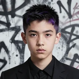 highly detailed closeup portrait of cool black hair short gradient, young boy teen, black suit by atey ghailan, by greg rutkowski, by greg tocchini, by james gilleard, by joe fenton, by kaethe butcher, gradient dark purple, black and white color scheme, grunge aesthetic!!! ( ( graffiti tag wall background ) )