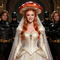 batman as an attractive young smiling woman played by milla jovovich wearing a mushroom crown and heavy armoured wedding dress, face portrait, hd shot, digital portrait, elegant, beautiful, fantasy art, artstation, comic style, by artgerm, guy denning, jakub rozalski, magali villeneuve and charlie bowater