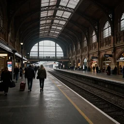 interior of a victorian railway station, people on the platforms,  luggage,  atmospheric, dramatic architecture