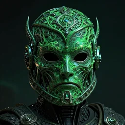 portrait of interstellar biomechanoid trooper ceremonial rite mask, in style of dark fantasy art, in style of Midjourney, stylized, detailed and intricate, mandelbulber fractal, elegant, ornate, horror, elite, ominous, haunting, beautiful digital painting, cinematic, cgsociety, Zdizslaw Beksinski, James jean, Noah Bradley, Darius Zawadzki, vivid deep green colors and vibrant outlines