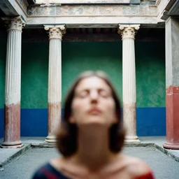 ( out of focus ), head to shoulders woman, photography by saul leiter and ernst haas in a decorated pompeii peristylium, tea green, airforce blue, red, closed eyes