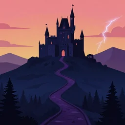 giger illustration dark purple steep and zig - zag path to evil fantasy castle over a high dark blue hill at night. orange to pink gradient sky and thunderstorm background. forest underneath