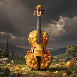 an elaborate musical instrument made of fruit, product photo