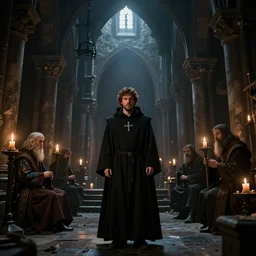 jesse eisenberg as an enigmatic medieval christian ( ( monk ) ) in a dark underground city. dark shadows, colorful, candle light, law contrasts, ( ( overcast light ) ) ) fantasy concept art by jakub rozalski, jan matejko, and j. dickenson